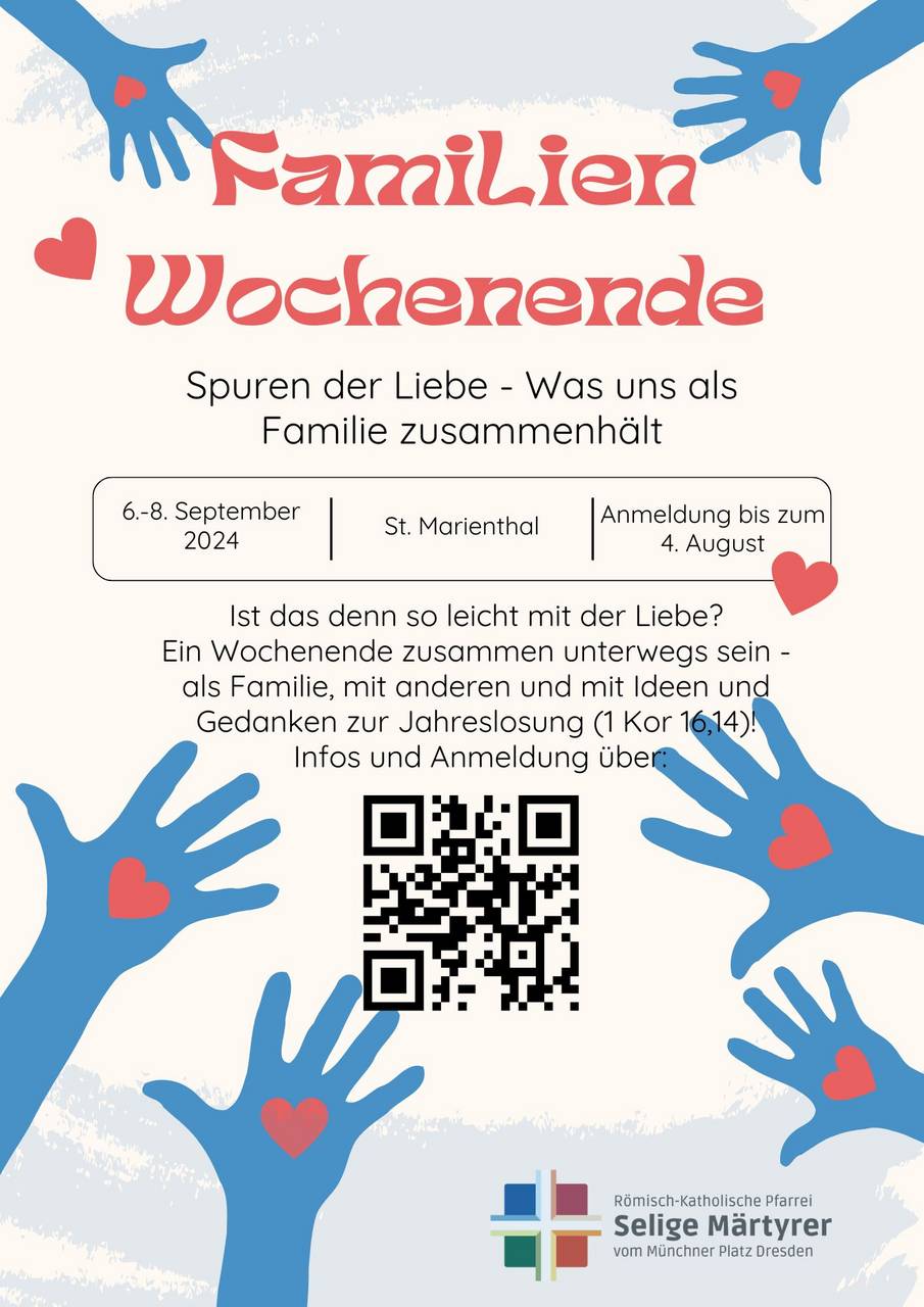 m_blue red modern illustration charity event flyer | Kath. Pfarrei Selige Märtyrer vom Münchner Platz - Aktuelles - Familienwochenende 6.-8. September 2024